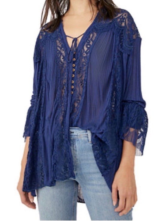 Free People Tops - Free People Navy Lace-Trim Blouse